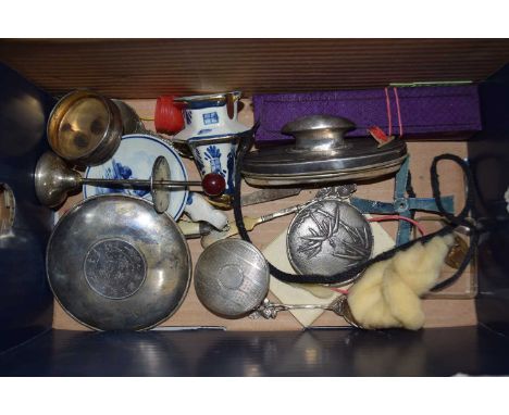 Box of various mixed items to include powder compact, various spoons, white metal dish etc