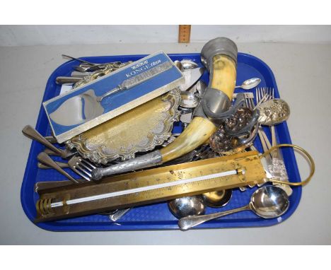 Tray of various assorted cutlery, large brass thermometer, pewter mounted cows horn etc