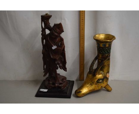 A Chinese root wood figural lamp base and a further 20th Century antelope head vase (2)