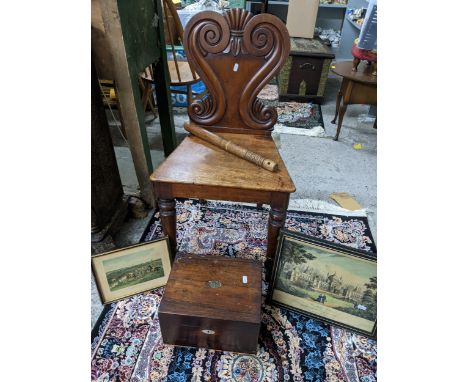 A Victorian mahogany hall chair with carved back on turned front legs, a Victorian rosewood box with fitted interior, mother 