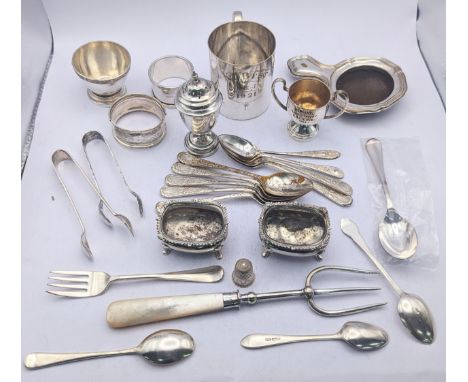 Silver to include two salts, a pepper, three teaspoons, and a napkin ring 159g, and silver plated flatware and cups Location: