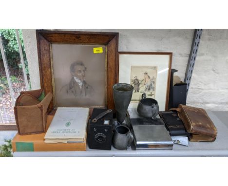 Mixed collectables to include early 20th century British School - a head and shoulder portrait pastel, cameras, pewter, a cig