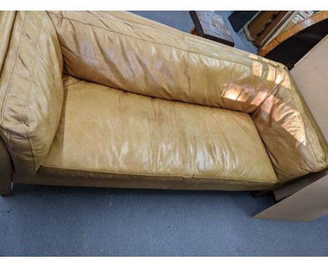 A modern John Lewis brown leather two-seater sofa on leather clad square tapering legs 64cm x 180cm x 79cm Location: 