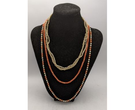 Coral and pearl necklaces, each with 9ct gold clasps Location: 