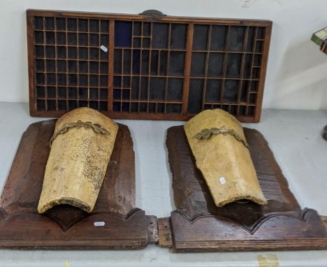 A pair of vintage French up-lights on walnut plaques having tiled shades together with a walnut printers trayLocation: 