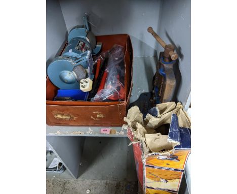 Tools to include a Record HandiLedger pope bender, long drill bits, an ice axe, a Luxo Anglepoise lamp, a Record pip vice, a 