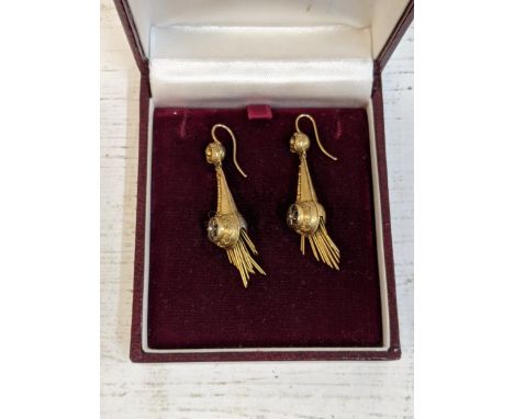 A pair of Victorian gold, enamel and pearl earrings with tassel style ends, A/F, Location: CAB2 