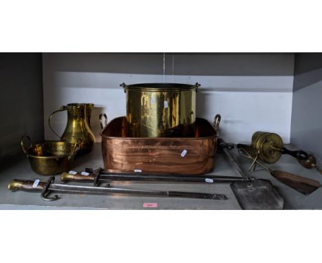 A selection of brass and copper fireside items to include a three piece fire compendium set converted from 19th century Frenc