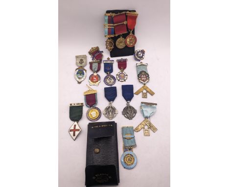 A collection of silver gilt and enamel Masonic medals to include 1914-1918 examples, Steward and others along with a 9ct gold