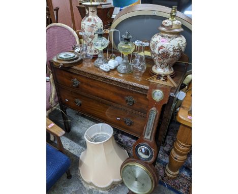 A mixed lot to include two Oriental style porcelain table lamps, and two glass oil lamps with smoke funnels, a Martin &amp; C