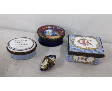 Three trinket boxes to include a late 18th century English enamel oval box inscribed 'The gift of a friend' together with a p