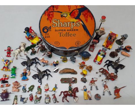 A collection of miniature toy figures to include 1980's KFS rubber Popeye figures, 1970's Apollo Film rubber bee models, lead