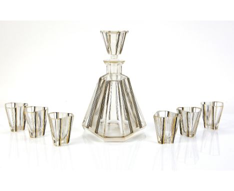 Bohemian glass Art Deco decanter set, in the style of Karl Palda, with six faceted glasses, linear enamel decoration in black