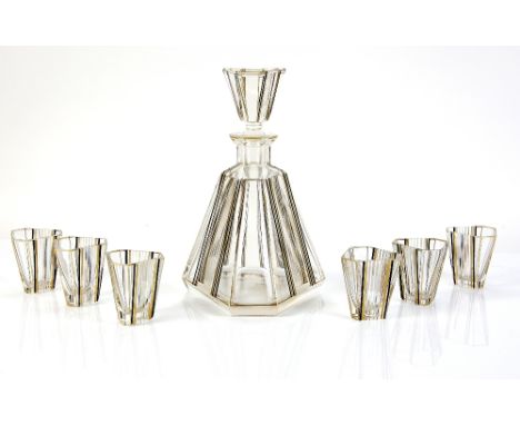 Bohemian glass Art Deco decanter set, in the style of Karl Palda, with six faceted glasses, linear enamel decoration in black