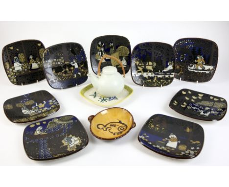Arabia of Finland, nine annual collectors plates, dating from 1976 to 1986, an Arabia teapot, cream ground with cane handle, 