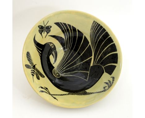 Jack Coutu (1924 - 2017), bird, bee &amp; butterfly ceramic bowl, signed R. J. Coutu, Farnham Surrey and dated 1955, 25 cm di