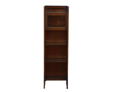 Liberty &amp; Co, small freestanding bookcase, mahogany with satinwood inlay, shelves and single glazed cabinet, ivorine labe