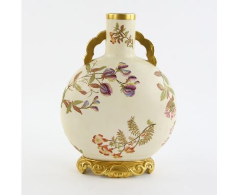 Royal Worcester moon flask decorated with flowers on shaped base, 30.5cm high,.  Surface dirt and scratches, interior shows s