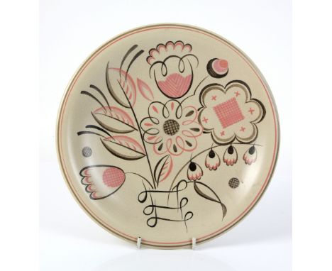 Poole Pottery plate decorated in pink and grey with flowers, large Poole baluster vase designed by John Adams, in blue glaze,