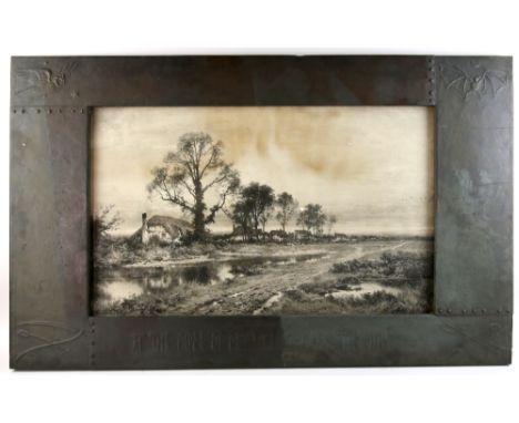 Arts and Crafts copper frame, decorated with an owl and a bat, studded detail and the words ' At the close of day when the ha
