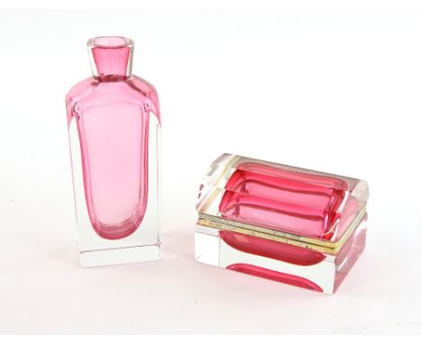 A Murano cased casket clear over pink glass, similar bottle vase, V. Nason for Murano bottle and stopper with aventurine deco