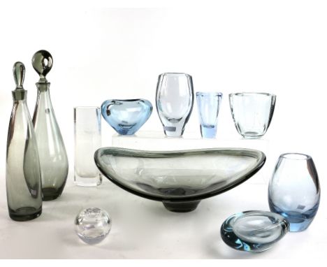 A collection of mid century Scandinavian art glass including Per Lutken for Holmegaard, smoked glass Aristokrat decanter and 