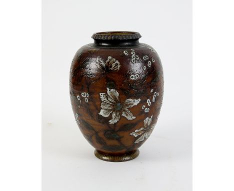 Martin Brothers, an ovoid pottery vase with incised and painted decoration of white flowers and green leaves, arch form beadi