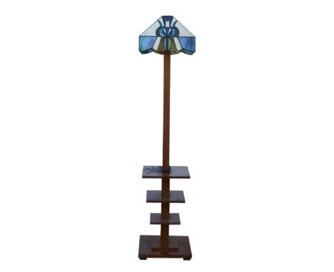 Art Deco walnut  standard lamp with tiered base, and leaded  glass shade, 153cm high.  Good condition, two  small areas of ve