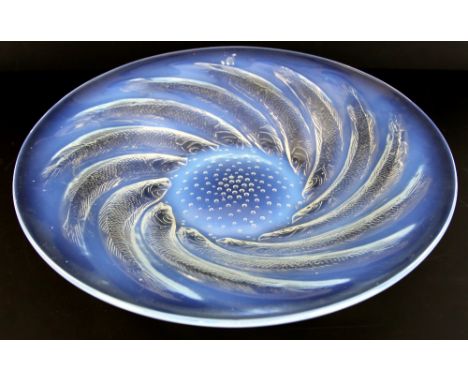 R Lalique, a 'Poisson' pattern opalescent  glass bowl, with moulded decoration of fish and a central well of bubbles, moulded