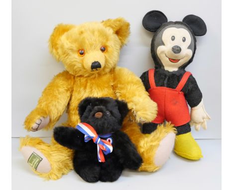 A vintage Merrythought Mickey Mouse, a Harrods by Merrythought Teddy bear, 0291/1,000 and one other Merrythought Hope Teddy b