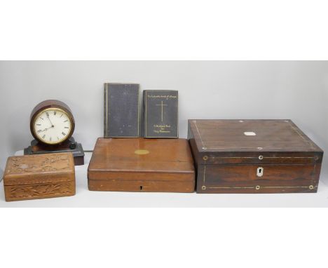 A collection of boxes including a wooden tea caddy, work box, canteen of cutlery, jewellery box and clock, a chrome tea servi