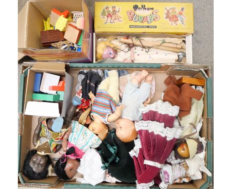 A dolls house, dolls house furniture, a dolls crib/cot, Pelham puppet and a collection of dolls **PLEASE NOTE THIS LOT IS NOT