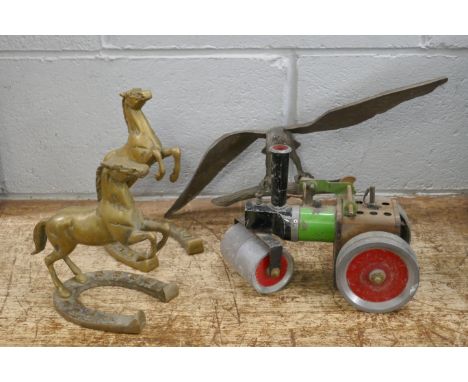 A Mamod Steam roller, a/f, brass eagle and a pair of brass horses **PLEASE NOTE THIS LOT IS NOT ELIGIBLE FOR IN-HOUSE POSTING