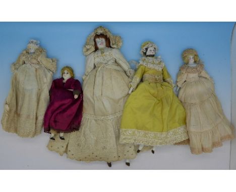 Five vintage dolls, soft bodies, china hands and legs
