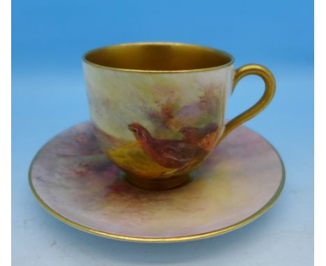 A Royal Worcester coffee cup and a saucer, both hand decorated and signed Stinton, matched pair