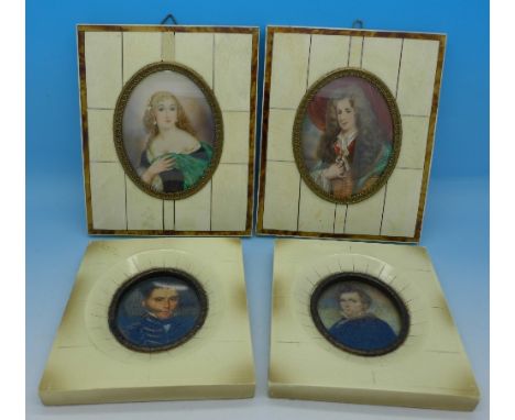 A pair of early 20th Century portrait miniatures in ivory and tortoiseshell frames and one other pair of portrait prints, fra