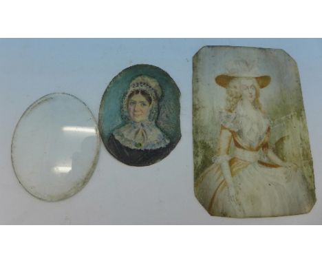 A miniature Regency watercolour portrait of a lady seated, painted on bone, 6cm x 9cm and one other Georgian miniature waterc