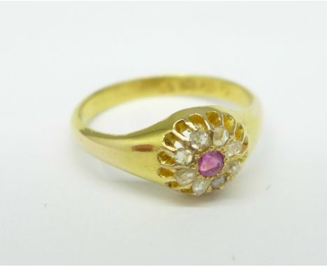 An 18ct gold, diamond and ruby ring, Birmingham 1870, 3g, M, one diamond loose