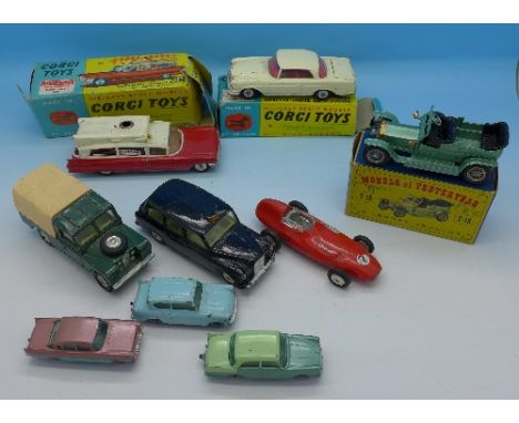 Corgi and Lesney die-cast model vehicles, including 437 Superior Ambulance, a/f, and 230 Mercedes-Benz 220SE Coupe and seven 