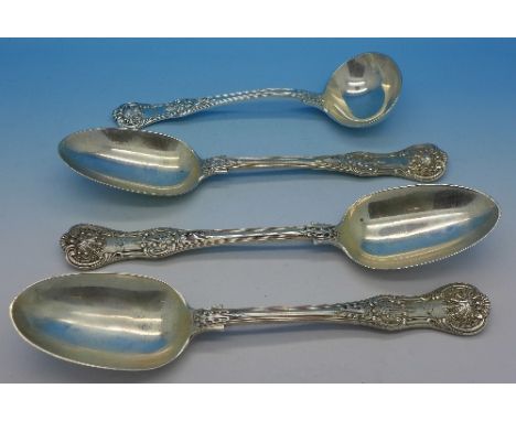 Three Victorian silver tablespoons and a ladle by George Adams, London 1866, 404g