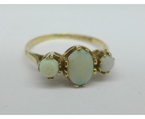 A 9ct gold and three stone opal ring, 1.5g, M