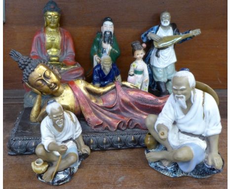 A model of Buddha, four pottery models of Chinese elders and three other figures