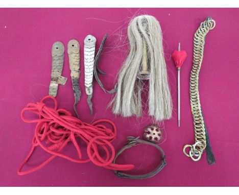 Small  Selection of Helmet Partsconsisting pair of white metal chinscales with leather backing ... Pair of brass chinscales w