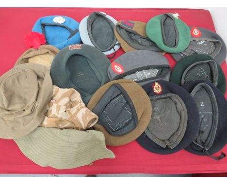 Quantity of British Post War Berets and Soft Capsincluding UN blue beret ... QC AAC light blue beret ... Guards khaki beret .