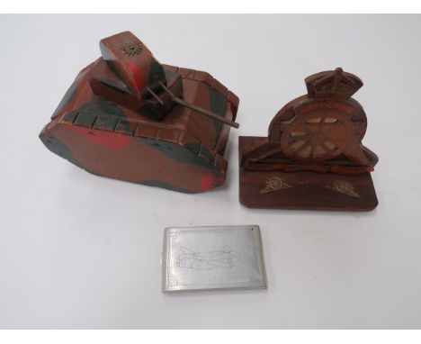 WW2 Handmade Toy Tankhomemade wooden tank with camouflage paintwork.  Top swivelling turret.  Lower vintage castor rollers.  