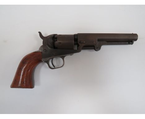 Colt Model 1849 Pocket Pistol.31, 5 inch octagonal rifled barrel with lower loading rod. Top flat marked “Address Saml Colt N