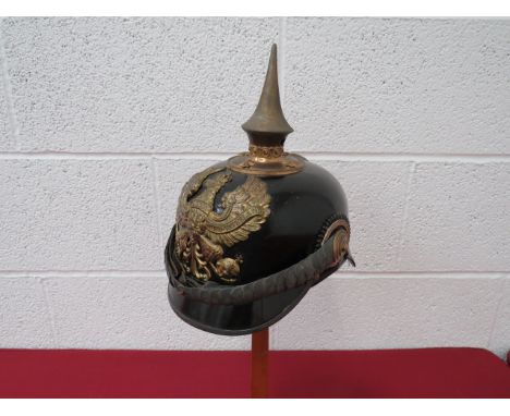 WW1 Imperial German Prussian Infantry Officer’s Pickelhaube late WW1 made example.  Black leather skull with rear peak and fr