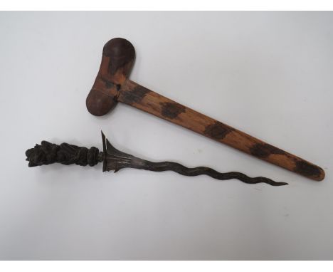 19th Century Wavy Blade Carved Hilt Malayan Kris12 1/2 inch, Damascus, wavy, double edged blade with silver inlaid to the Dam