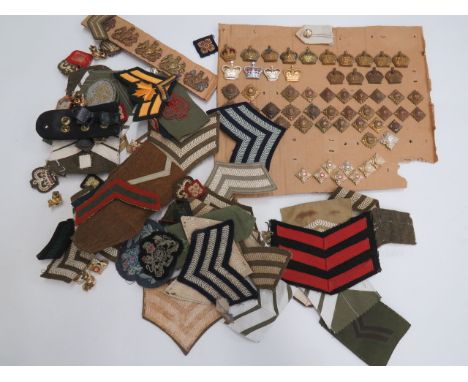 Quantity of Rank Badgesincluding selection of chevrons ... Brass WO1 ... Brass crowns ... Gilt and enamel rank stars ... Anod
