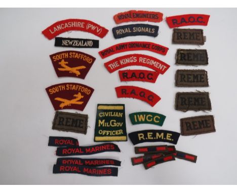 Small Selection of Embroidery Shoulder Titlesincluding Civilian Mil Gov Officer ... New Zealand ... Royal Signals ... Lancash